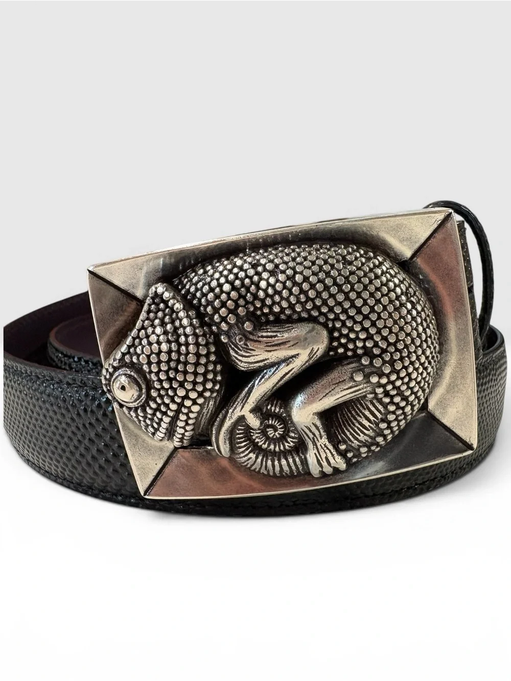 Rare Elliot Rhodes London Chameleon Buckle Glossy Carung Texture Espresso Belt